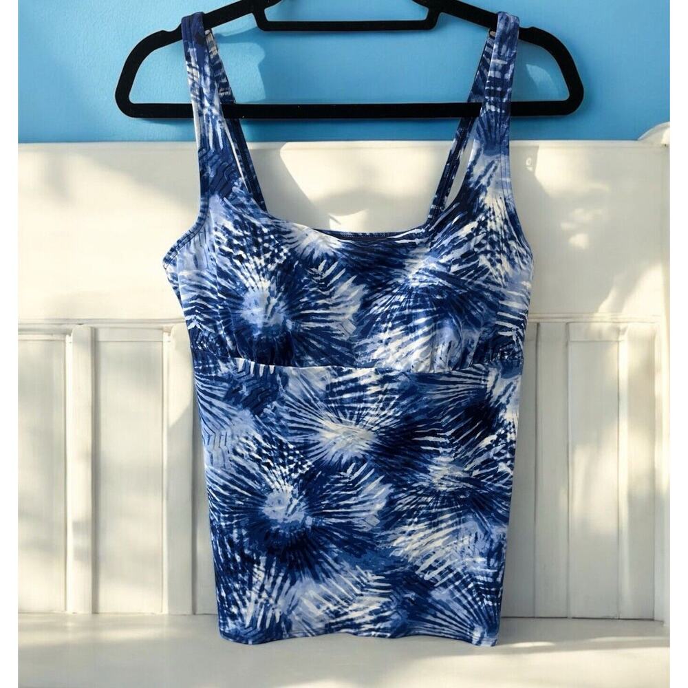 Lands End Navy Blue‎ White Tie Dye Palms Square Neck SIZE 14L Tankini Swim Top